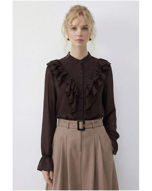 Bianco Lucci Multicolor Frilly Mandarin Collar Long Sleeve Chiffon Shirt