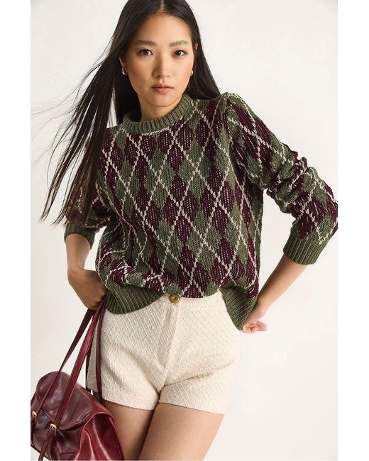 Bianco Lucci Brown Crew Neck Knitted Sweater With Diamond Pattern