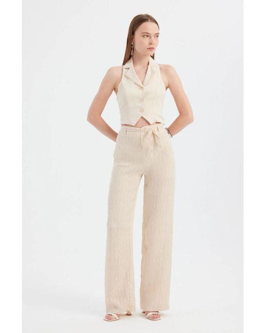 Hiccup Natural Woven Straight Leg Trousers With Belt Detail