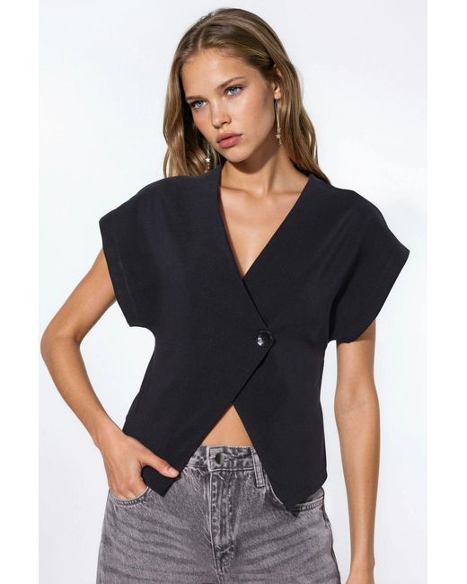 Hiccup Black Solid V-Neck Short Sleeve Blouse With Button Closure