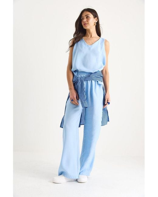 Bianco Lucci Blue V-Neck Cotton Blouse-Pants Two-Piece Set