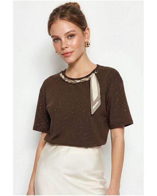 Bianco Lucci Brown Oversized Cotton Jersey Crew Neck T-Shirt