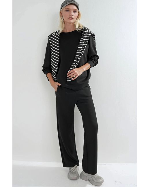 Hiccup Black Modal Touch Crew Neck Sweatshirt & Wide Leg Pants Two-Piece Set