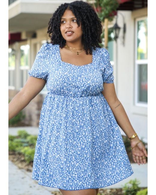 anna-kaci Plus Size White Floral Print Swing Dress With Square Neckline in  Blue