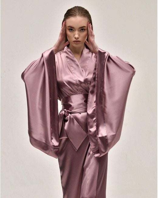 K femme Lilac Long Satin Kimono Robe in Purple Lyst