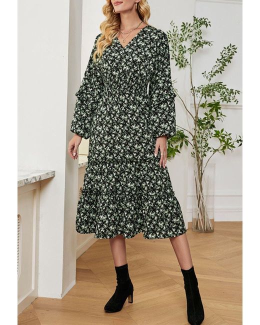anna-kaci Floral Print V Neck Midi Dress in Green | Lyst