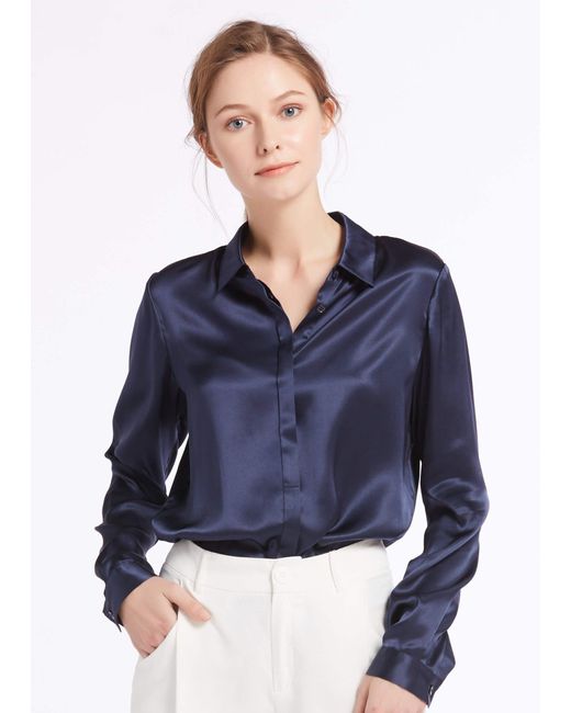 LILYSILK Basic Concealed Placket Silk Shirt in Blue | Lyst