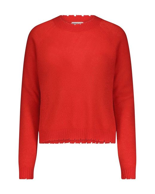 Minnie Rose Cashmere Frayed Edge Cropped Crew Sweater in Red | Lyst