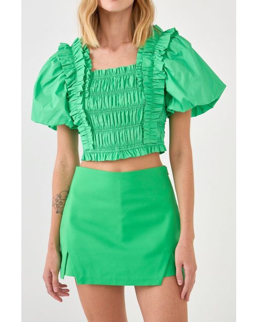 Endless Rose Smocked Puff Sleeve Top in Green Lyst