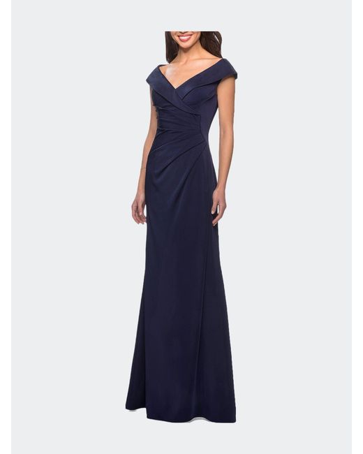 La Femme Satin Floor Length Gown With Ruched Detailing in Blue Lyst