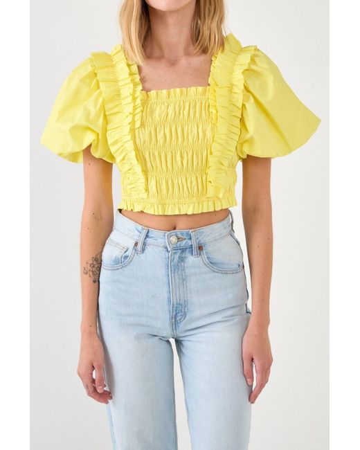 Endless Rose Smocked Puff Sleeve Top in Yellow Lyst