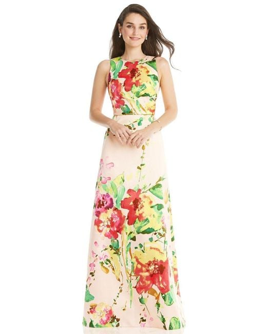 Alfred Sung Blush Pink Floral Jewel Neck Asymmetrical Shirred Bodice