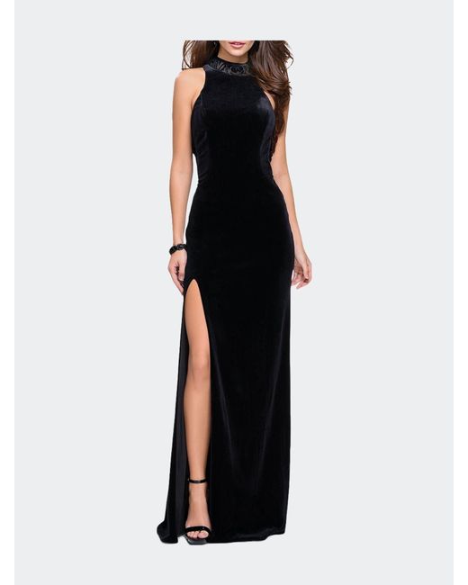 la-femme-form-fitting-velvet-prom-dress-with-high-neckline-in-black-lyst