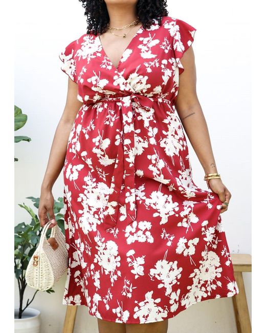 anna-kaci Plus Size Tropical Floral Print Maxi Wrap Dress With Ruffle  Sleeves in Red