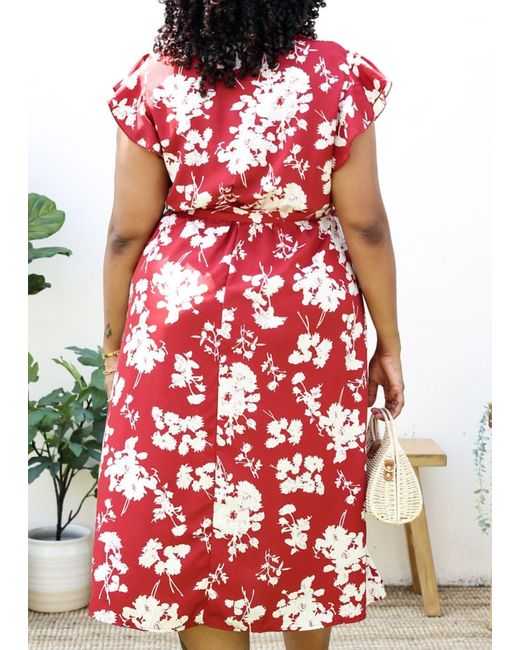 anna-kaci Plus Size Tropical Floral Print Maxi Wrap Dress With Ruffle  Sleeves in Red
