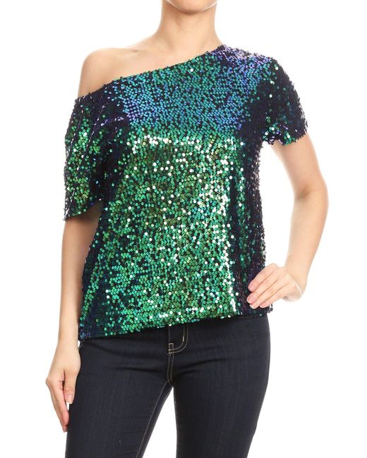 annakaci Glam Offshoulder Sequin Top in Green Lyst