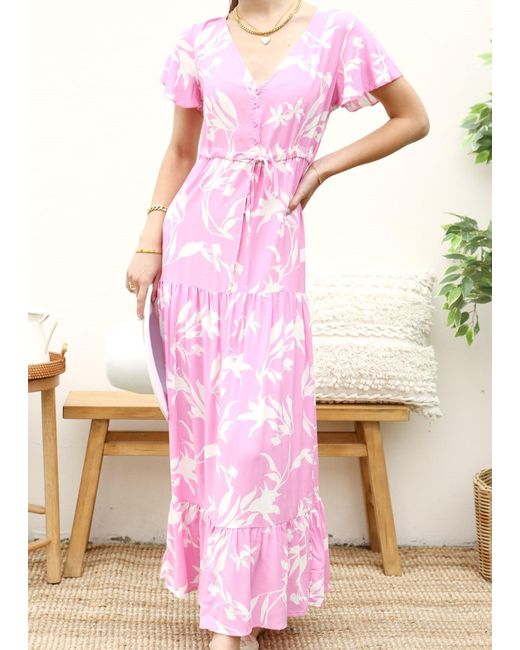 anna-kaci V Neck Tropical Print Maxi Dress in Pink | Lyst