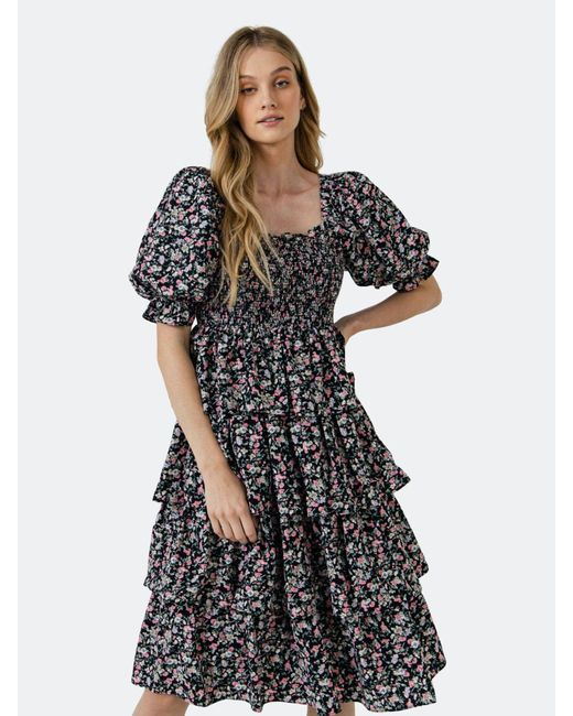 English Factory Floral Smocked Midi Tiered Dress in Black | Lyst