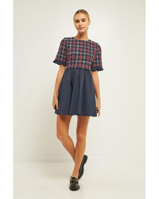 English Factory Mixed Media Tweed Mini Dress in Blue Lyst