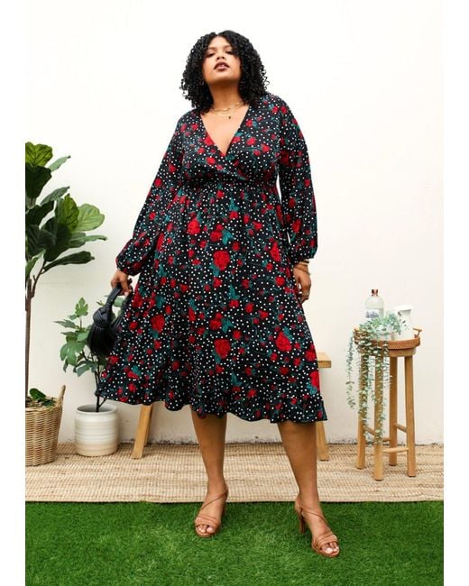 anna-kaci Plus Size Bell Sleeves Rose Floral Print Wrap Maxi Dress in Black