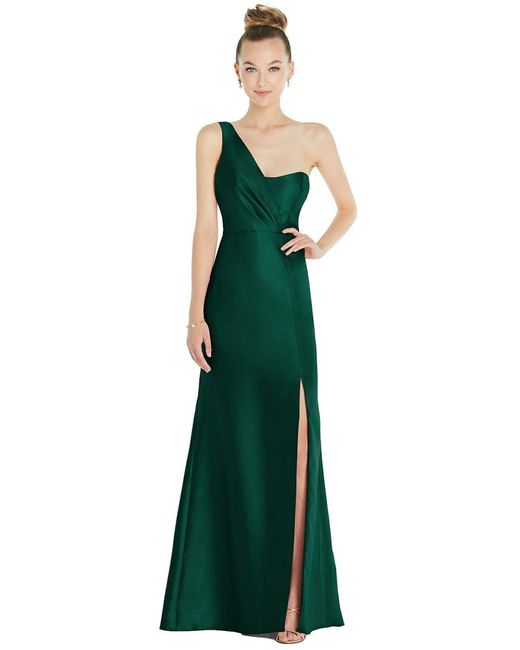 Alfred Sung Draped One-shoulder Satin Trumpet Gown With Front Slit in ...