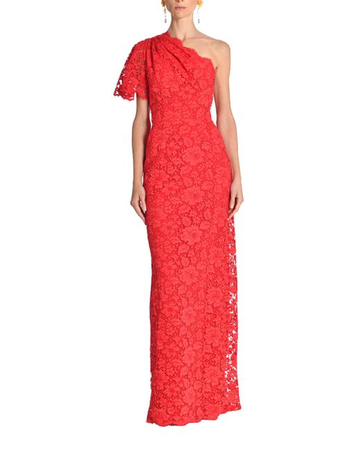 Adam Lippes Lace One Shoulder Draped Gown in Red | Lyst