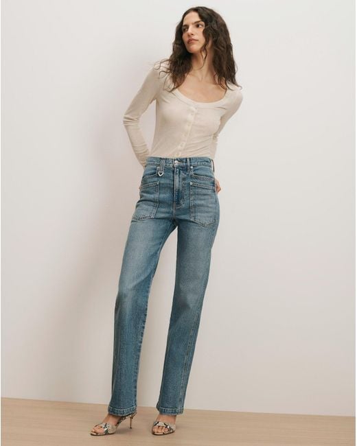 Veronica Beard Blue Dylan Patch-pocket Straight-leg Jean