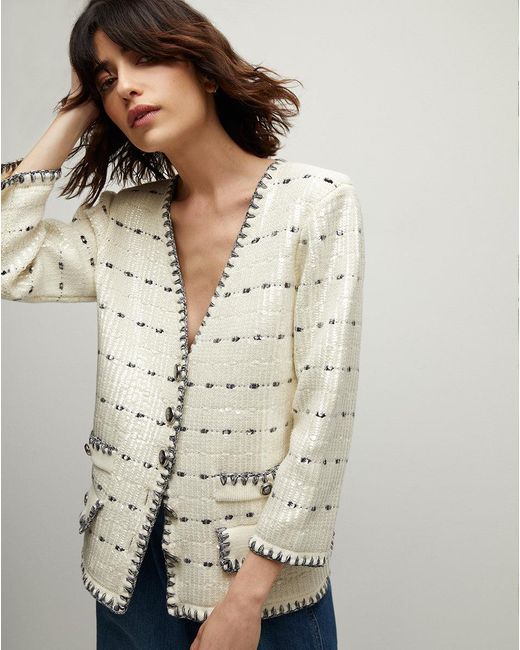 Veronica Beard Natural Ceriani Sequined Knit Jacket Off-white Navy