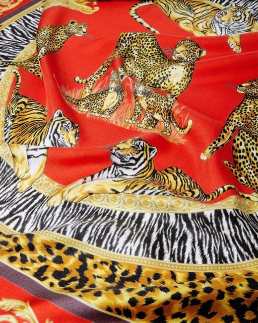 Versace Red Wild Cats Large Silk Foulard 35"