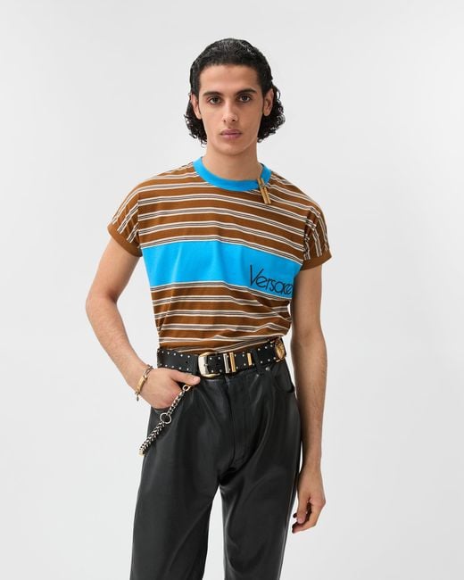 Versace Blue Embroidered-Logo Striped-Intarsia Cotton T-Shirt for men