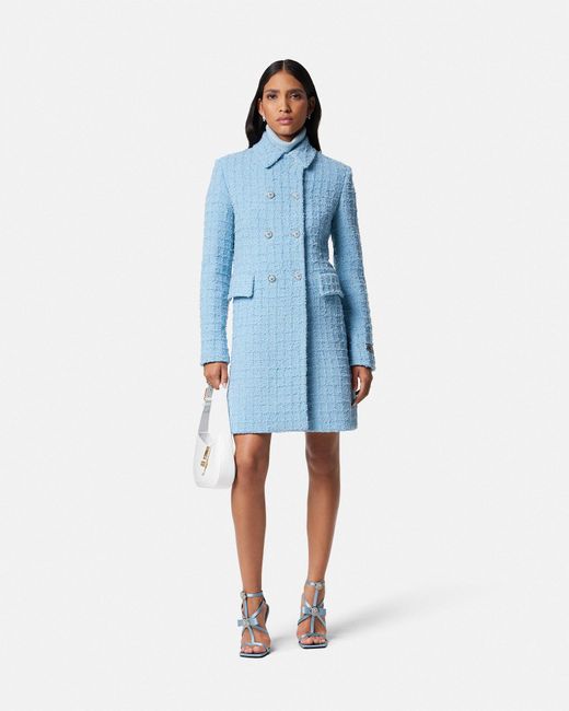 Versace Blue Heritage Tweed A-line Long Coat