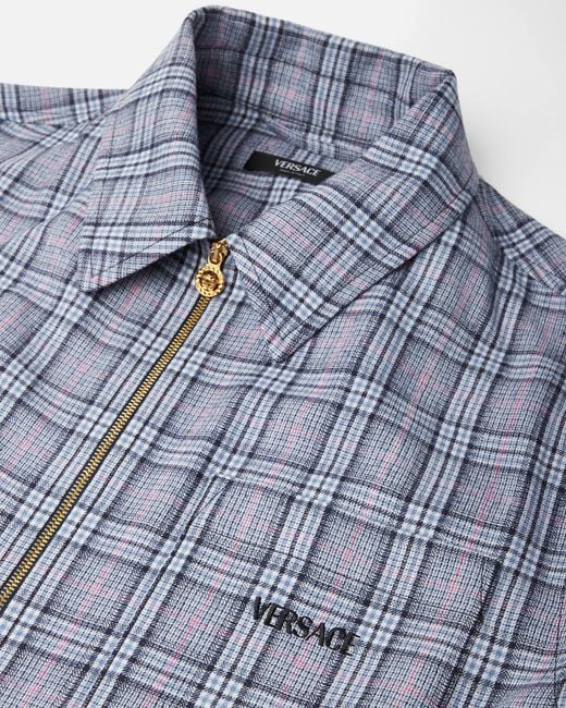 Versace Blue Checked Wool Flannel Zip Overshirt for men