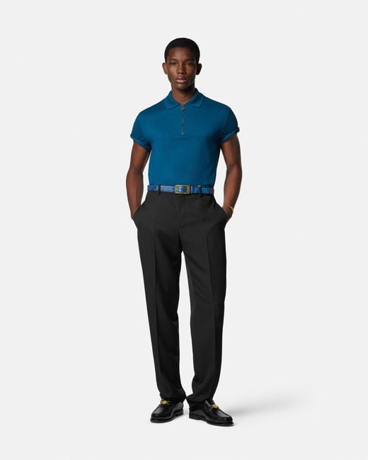 Versace Blue Embroidered Cotton-Piqué Half-Zip Polo for men