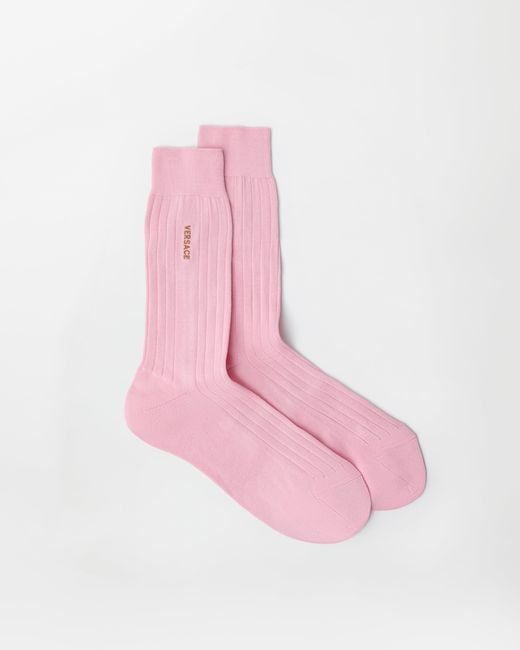 Versace Pink Embroidered Cotton Ribbed Socks