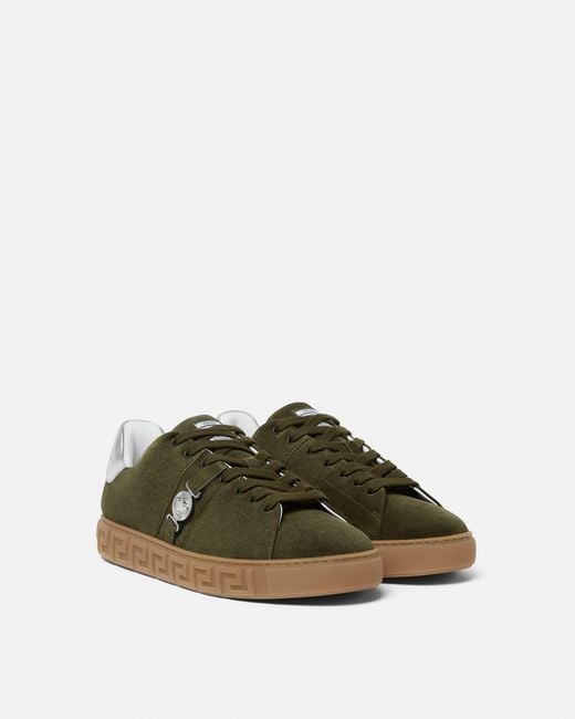 Versace Green Greca Embellished Suede Sneakers for men