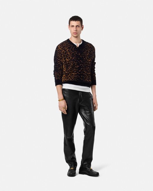 Versace Black Leopard Jacquard Chenille Knit Sweater for men