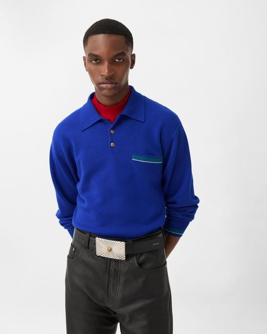 Versace Blue Jacquard Wool Knit Polo Sweater for men