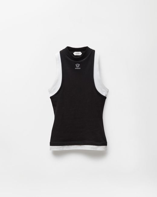 Versace Black Embroidered-Logo Stretch Cotton-Jersey Tank Top