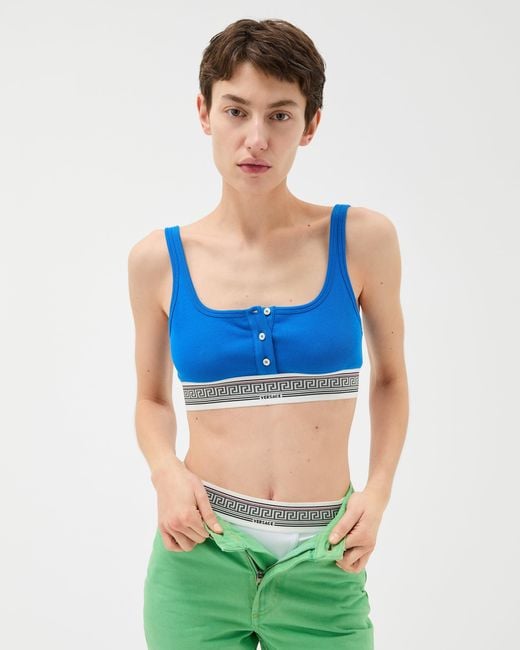 Bralette De Punto De Algodón Acanalado Versace de color Blue