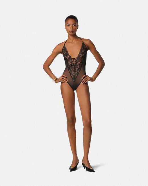 Versace Black Embroidered Lace-Trim Bodysuit