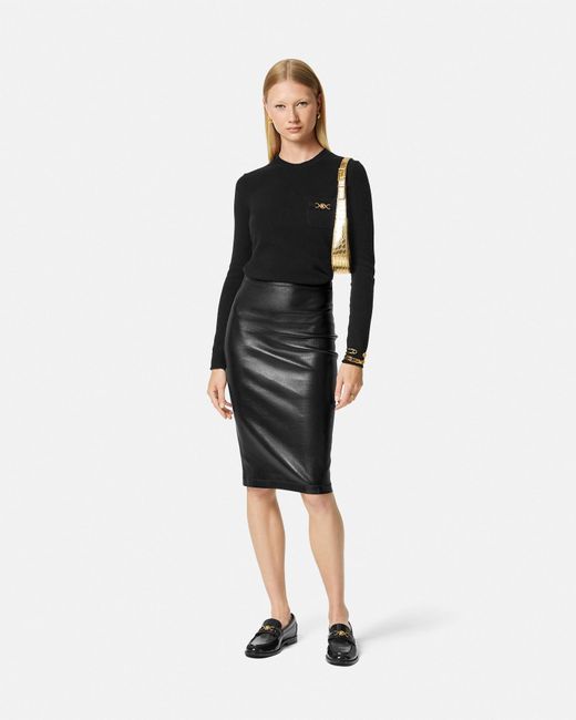 Versace Black Leather Midi Skirt
