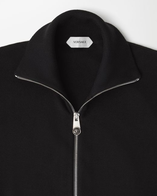 Versace Black Embroidered-Logo Cotton Knit Zip Cardigan for men