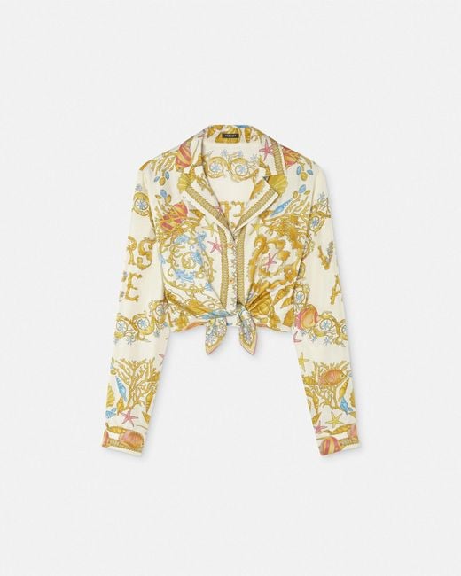 Versace Metallic Underwater Barocco Knotted Crop Silk Shirt