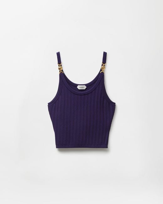 Versace Blue Stretch Viscose Mesh Ribbed Knit Top