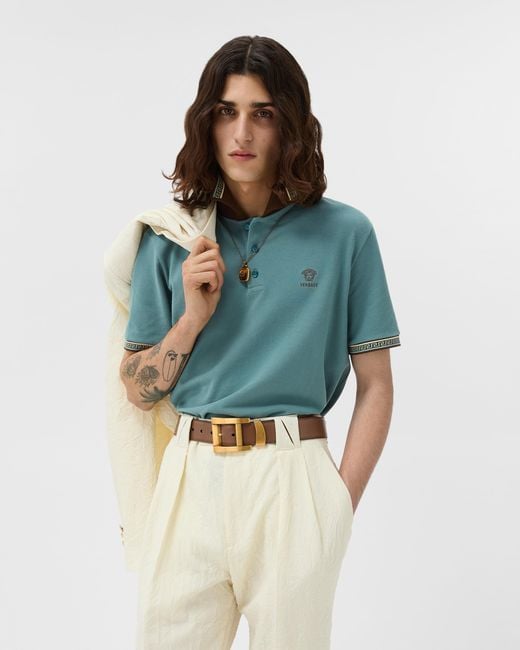 Versace Blue Embroidered-Logo Cotton Piqué Polo for men