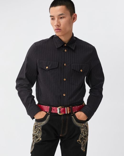Versace Blue Jacquard Cotton-Silk Regular Shirt for men