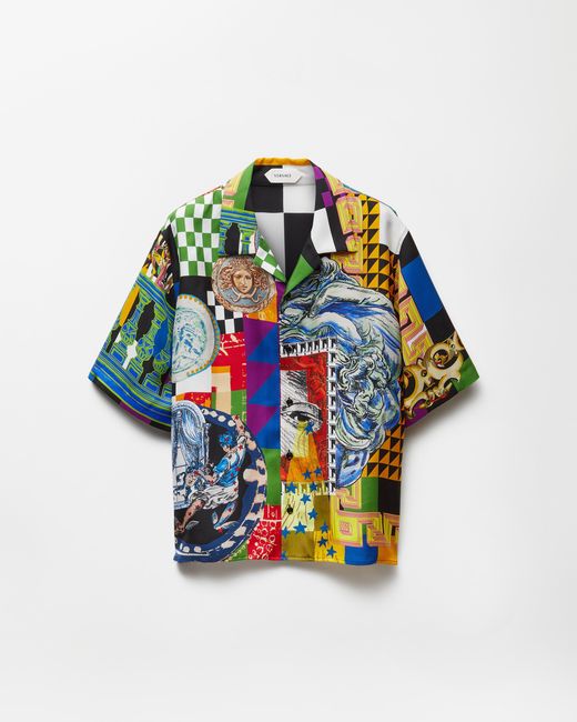 Versace Blue Printed Silk Twill Regular Shirt for men