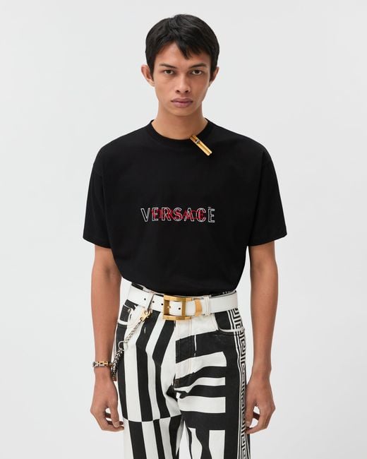 Versace Black Embroidered-Logo Cotton-Jersey Regular T-Shirt for men