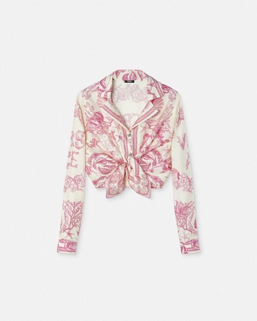 Versace Pink Underwater Barocco Knotted Crop Silk Shirt