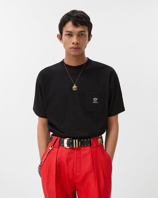 Versace Black Embroidered Cotton-Jersey T-Shirt for men